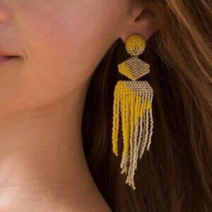 NWT WHBM Yellow Gold Glass Seed Bead Fringed Chandelier Pierced Earrings 4"